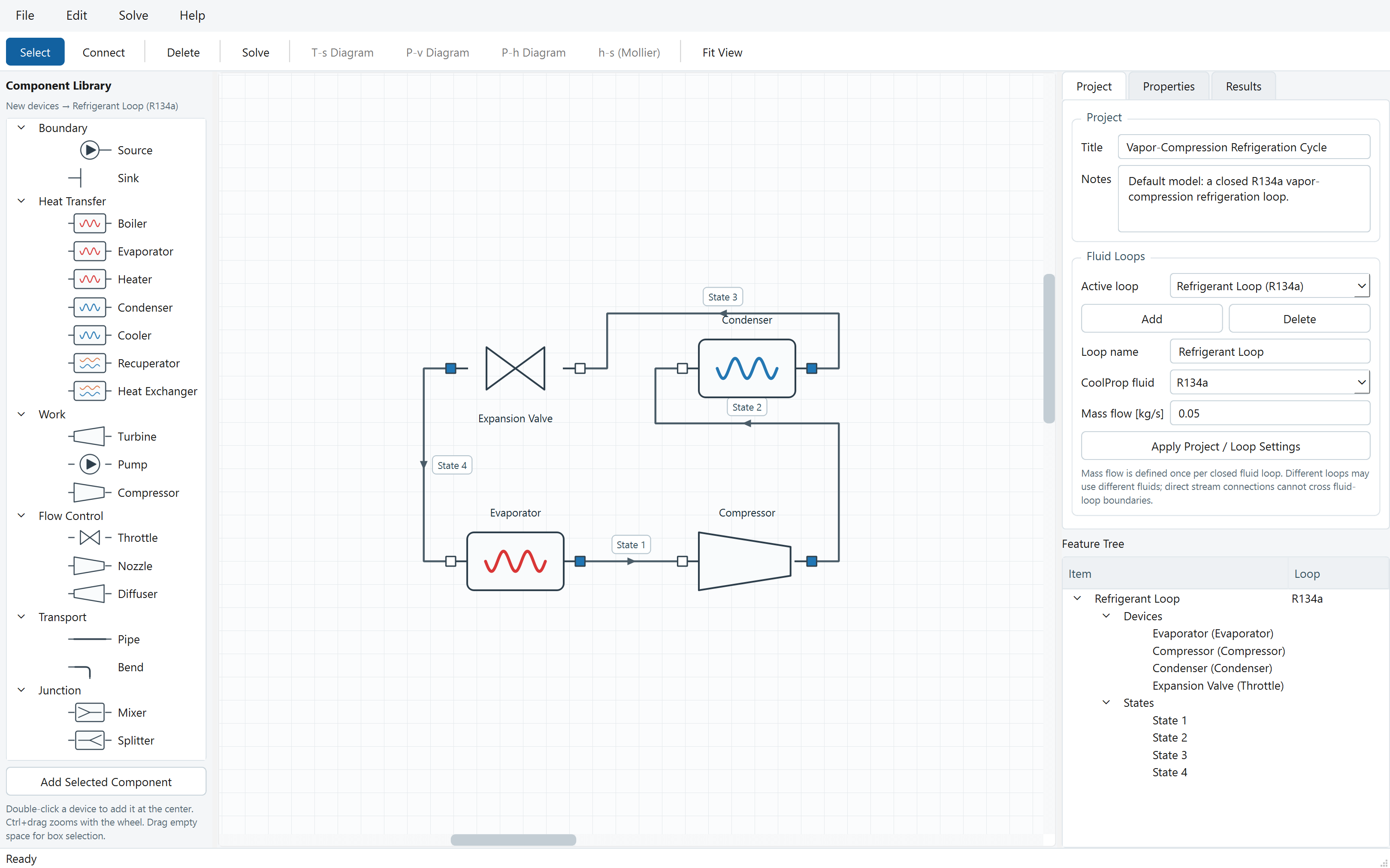 The ThermoFluid Studio application: a refrigeration cycle drawn on the schematic canvas with the component library, properties panel, and results tabs visible